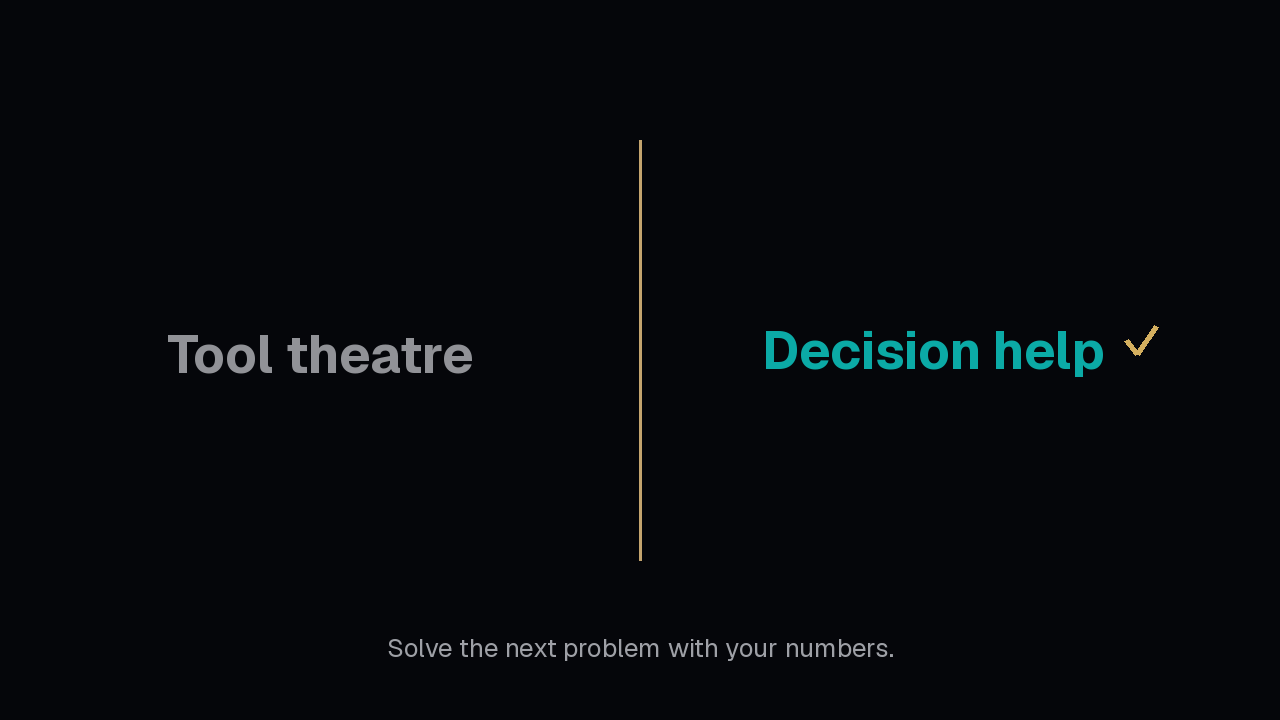 Tool theatre versus Decision help — solve the next problem with your numbers.