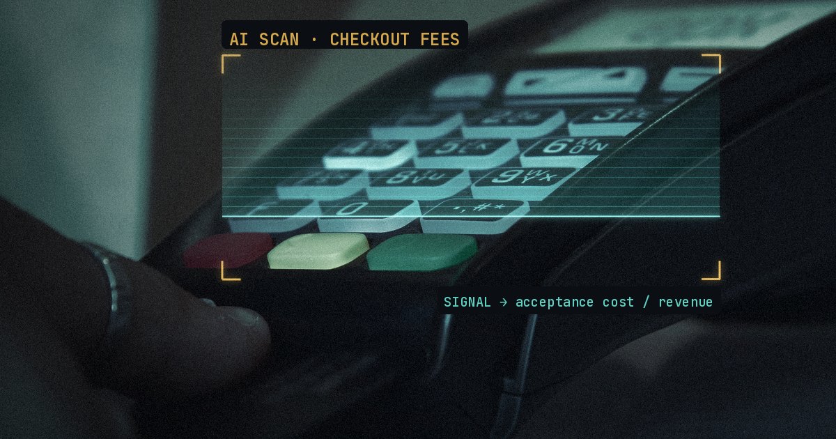 Close-up of a hand at a card payment terminal, with the keypad inside a gold AI scan frame