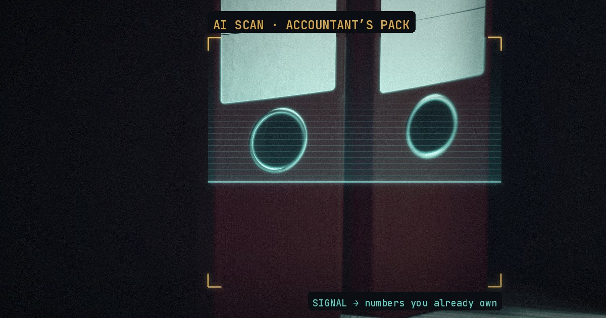 Two filing binders with blank spine labels inside a gold AI scan frame, their edges lit in teal as a scan line reads them.
